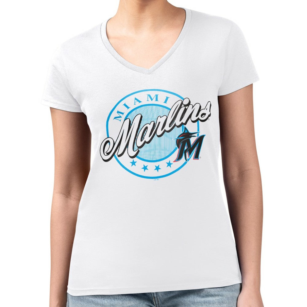 Miami Marlins G-III 4Her by Carl Banks Women's Super-Slim Fit Lightweight Pinstripe Circle V-Neck T-Shirt Near Me