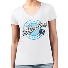 Miami Marlins G-III 4Her by Carl Banks Women's Super-Slim Fit Lightweight Pinstripe Circle V-Neck T-Shirt Near Me