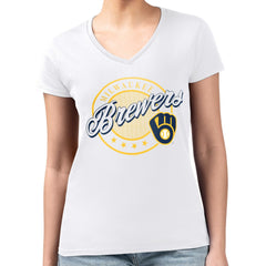 Milwaukee Brewers G-III 4Her by Carl Banks Women's Super-Slim Fit Lightweight Pinstripe Circle V-Neck T-Shirt Outlet