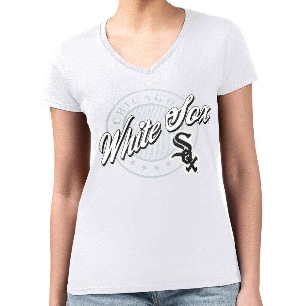 Chicago White Sox G-III 4Her by Carl Banks Women's Super-Slim Fit Lightweight Pinstripe Circle V-Neck T-Shirt Outlet