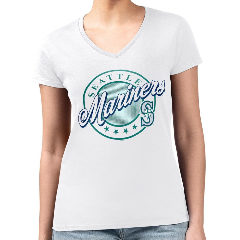 Seattle Mariners G-III 4Her by Carl Banks Women's Super-Slim Fit Lightweight Pinstripe Circle V-Neck T-Shirt for sale