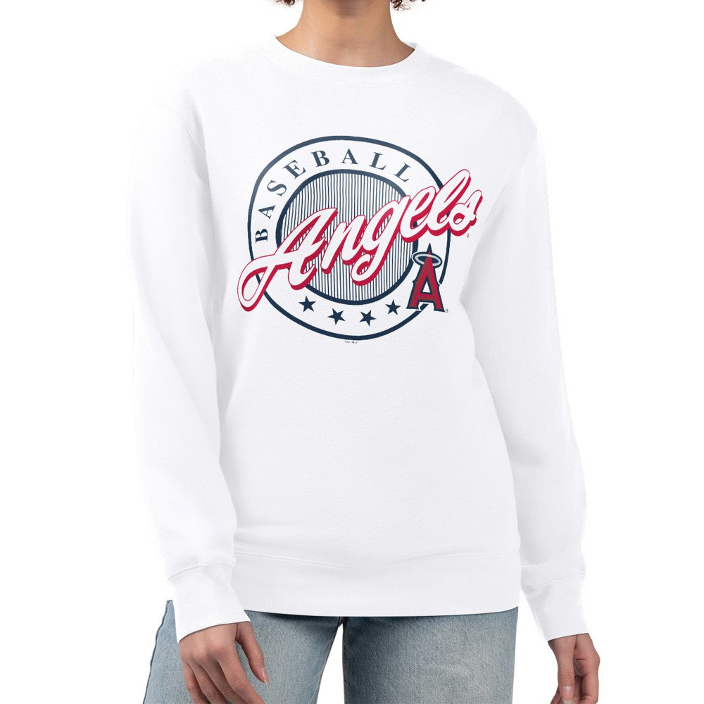Los Angeles Angels G-III 4Her by Carl Banks Women's Pinstripe Circle Team Fleece Pullover Sweatshirt Outlet