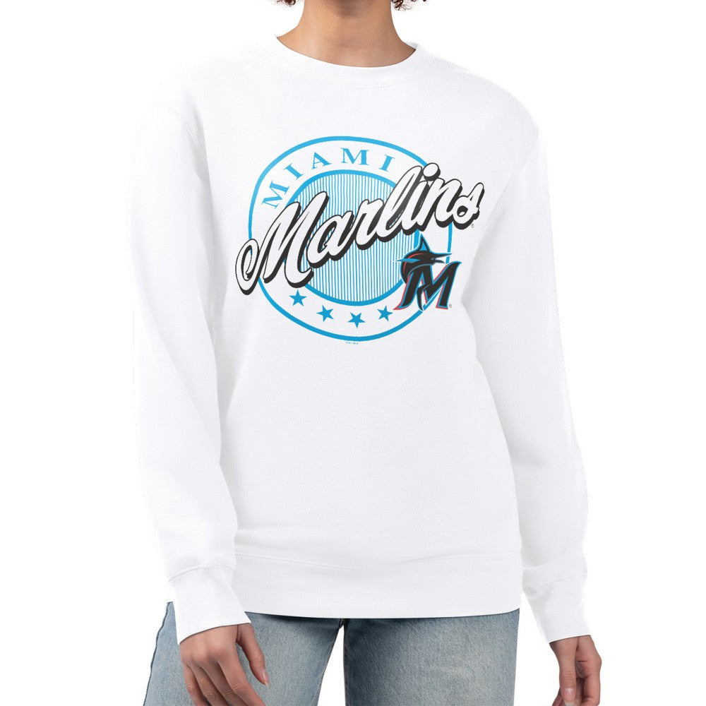 Miami Marlins G-III 4Her by Carl Banks Women's Pinstripe Circle Team Fleece Pullover Sweatshirt for sale