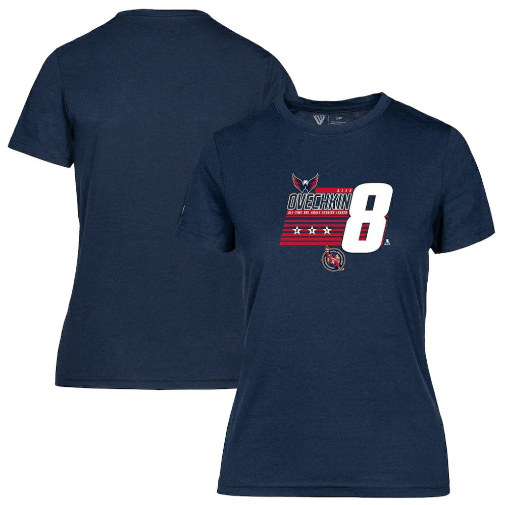Alexander Ovechkin Washington Capitals Levelwear Women's NHL All-Time Leading Goal Scorer Milestone Stripes Name & Number Maddox T-Shirt - Navy | NHL Lifestyle