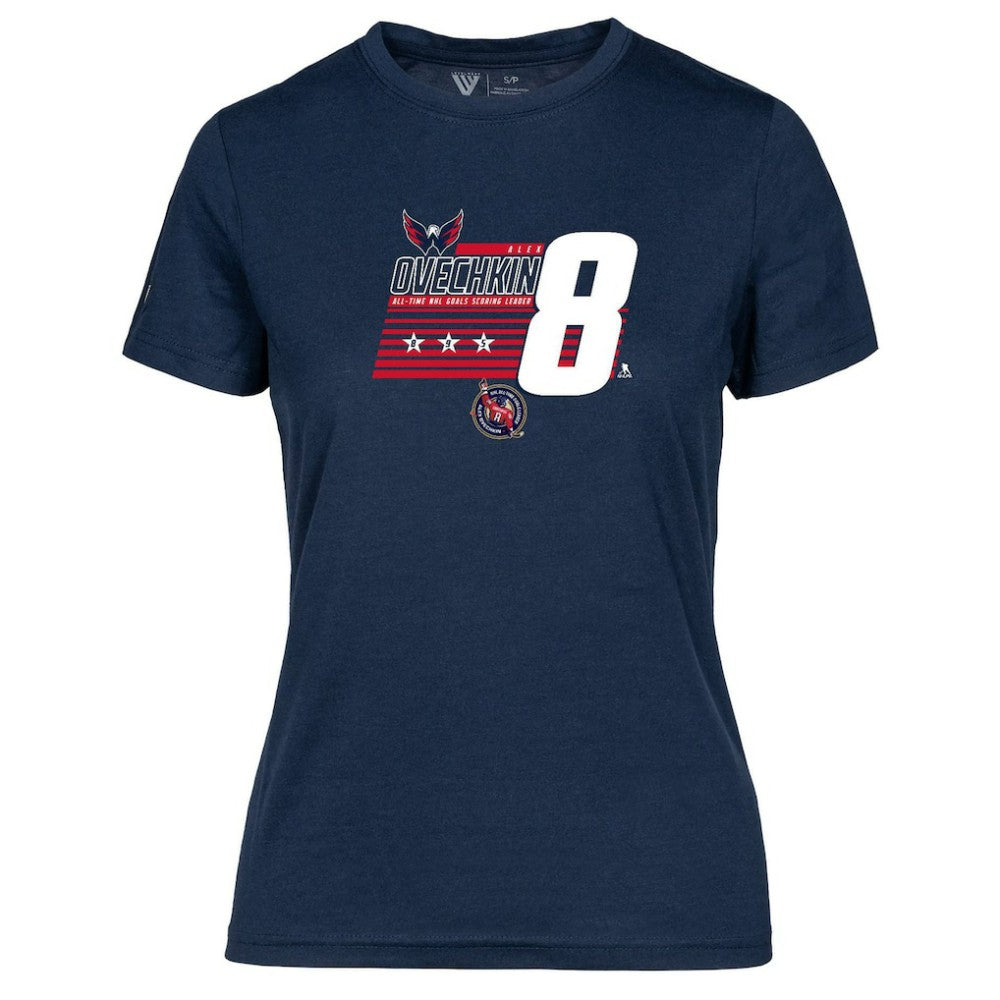 Alexander Ovechkin Washington Capitals Levelwear Women's NHL All-Time Leading Goal Scorer Milestone Stripes Name & Number Maddox T-Shirt - Navy | NHL Lifestyle