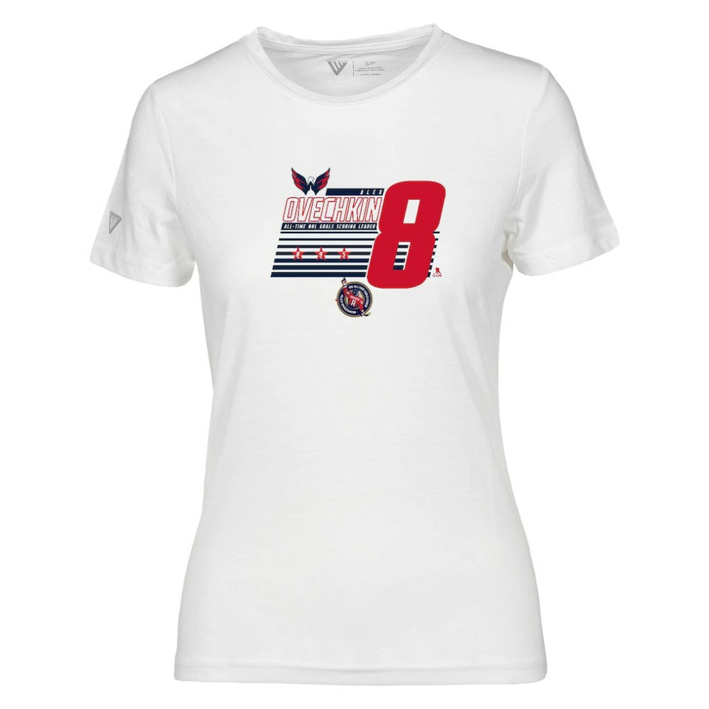 Alexander Ovechkin Washington Capitals Levelwear Women's NHL All-Time Leading Goal Scorer Milestone Stripes Name & Number Maddox T-Shirt - White | NHL Clearance