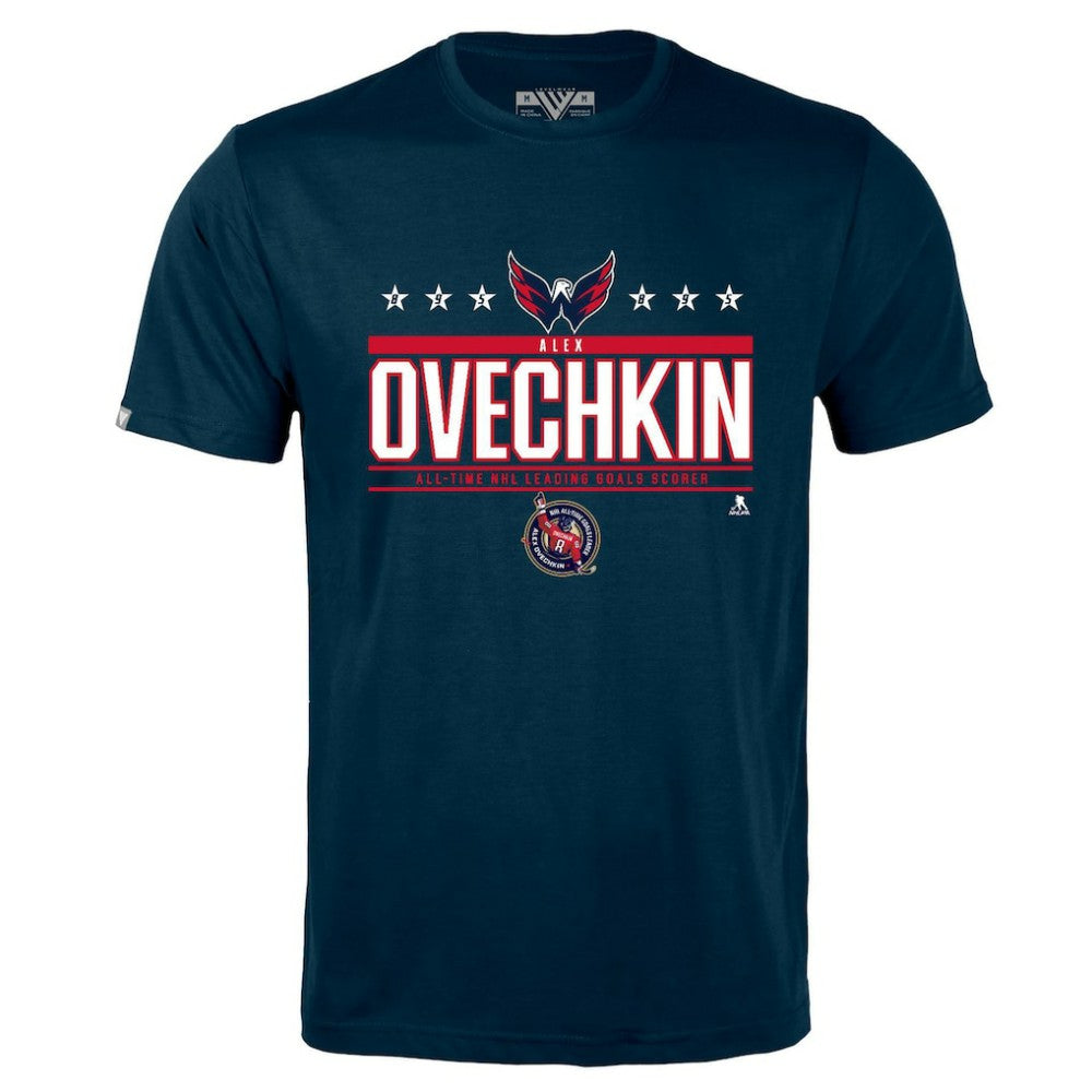 Alexander Ovechkin Washington Capitals Levelwear NHL All-Time Leading Goal Scorer Milestone Stars Name & Number Richmond T-Shirt - Navy | NHL near me