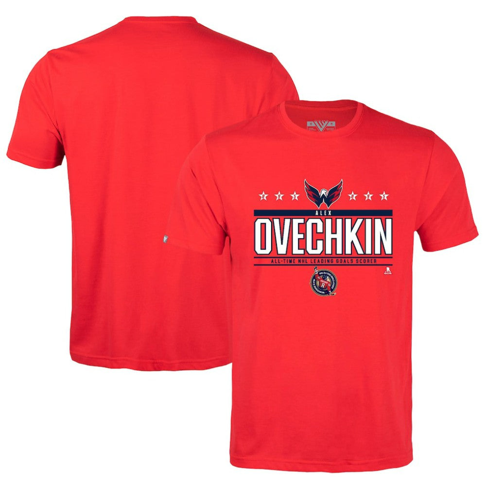 Alexander Ovechkin Washington Capitals Levelwear NHL All-Time Leading Goal Scorer Milestone Stars Name & Number Richmond T-Shirt - Red | NHL Clearance