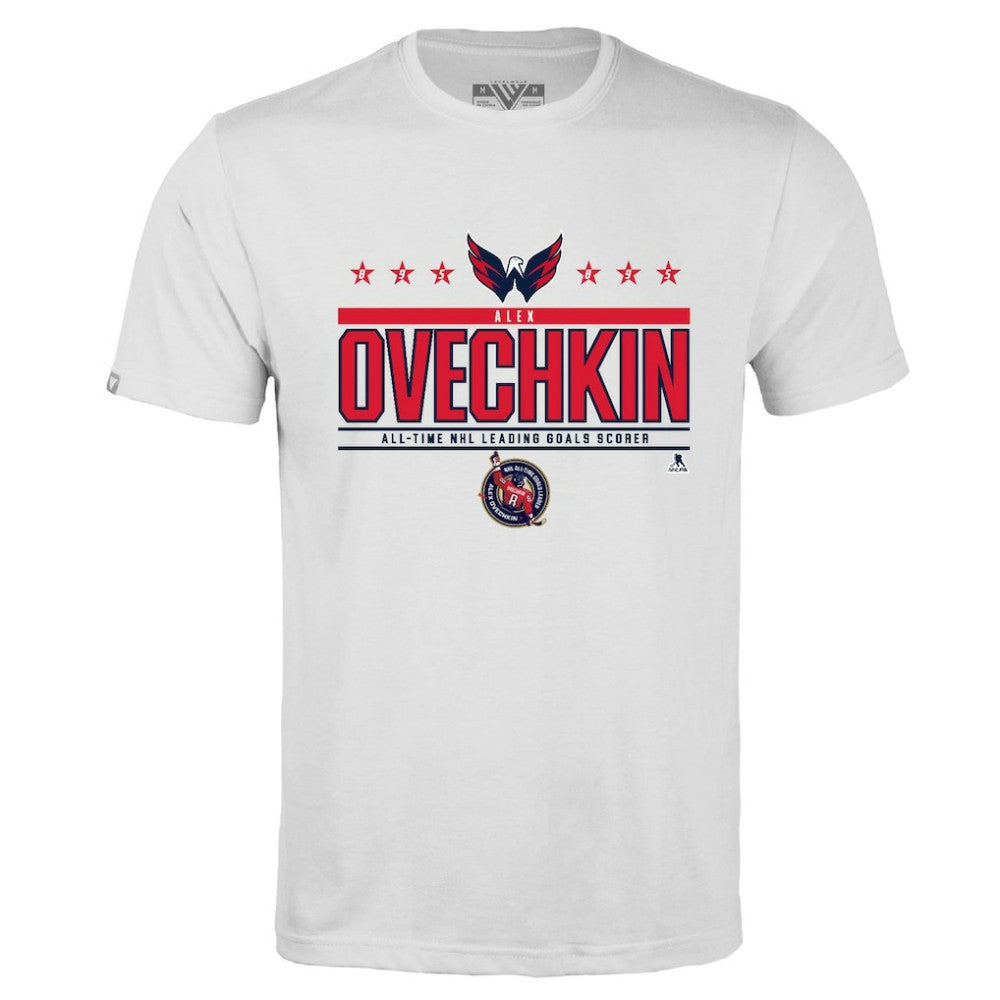Alexander Ovechkin Washington Capitals Levelwear NHL All-Time Leading Goal Scorer Milestone Stars Name & Number Richmond T-Shirt - White | NHL on sale