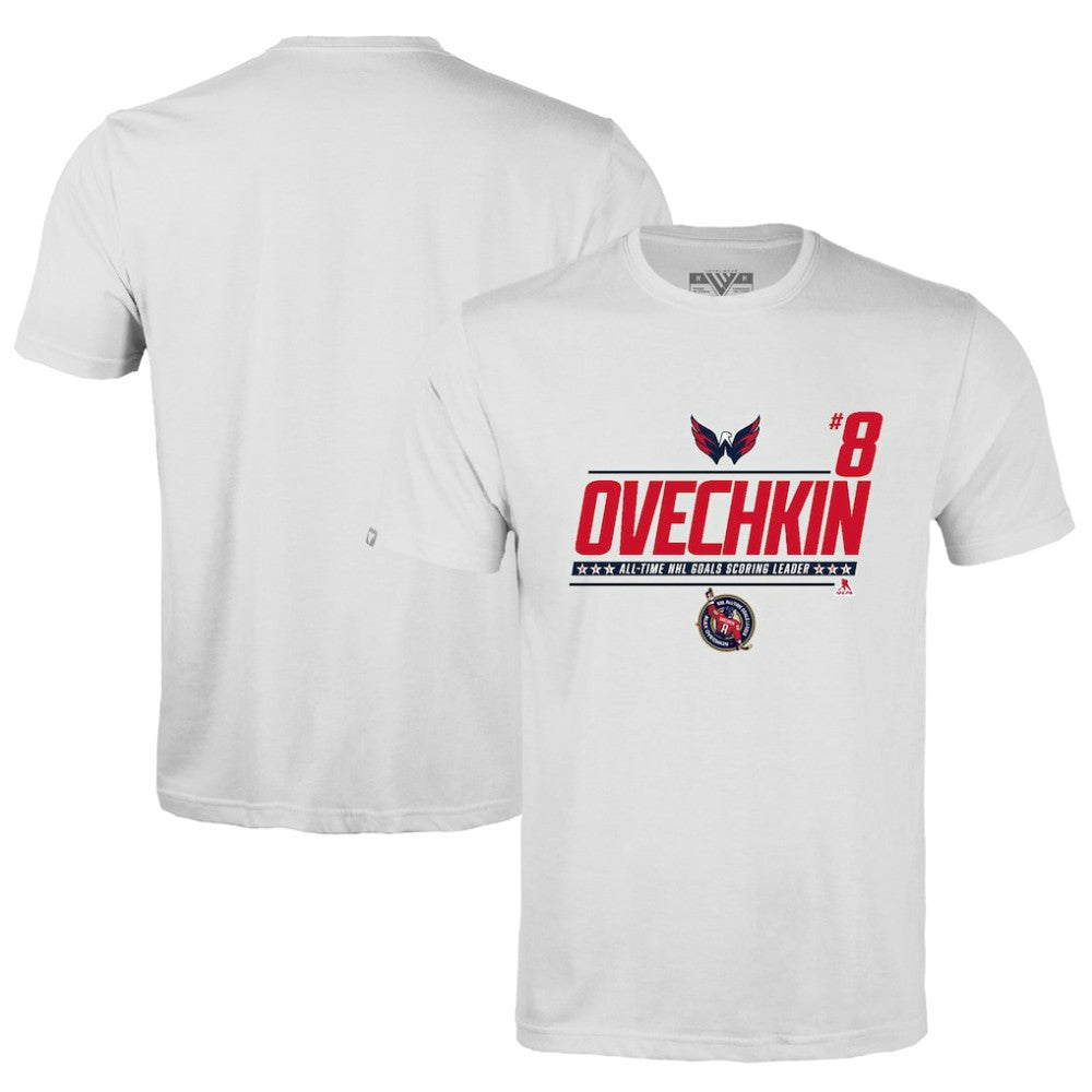Alexander Ovechkin Washington Capitals Levelwear NHL All-Time Leading Goal Scorer Milestone Name & Number Richmond T-Shirt - White | NHL Lifestyle