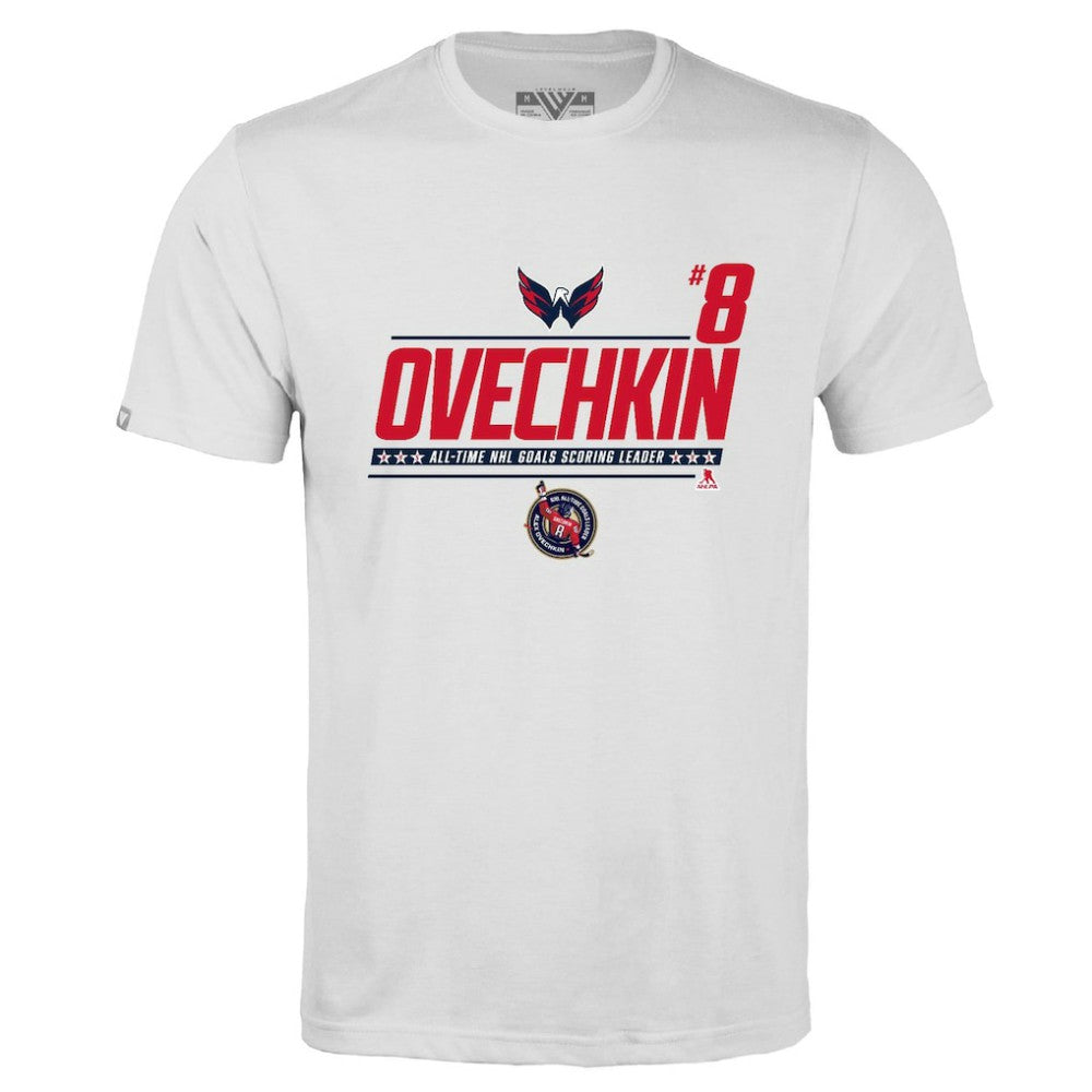 Alexander Ovechkin Washington Capitals Levelwear NHL All-Time Leading Goal Scorer Milestone Name & Number Richmond T-Shirt - White | NHL Lifestyle