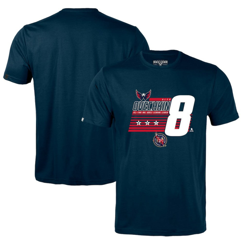 Alexander Ovechkin Washington Capitals Levelwear NHL All-Time Leading Goal Scorer Milestone Stripes Name & Number Richmond T-Shirt - Navy | NHL near me