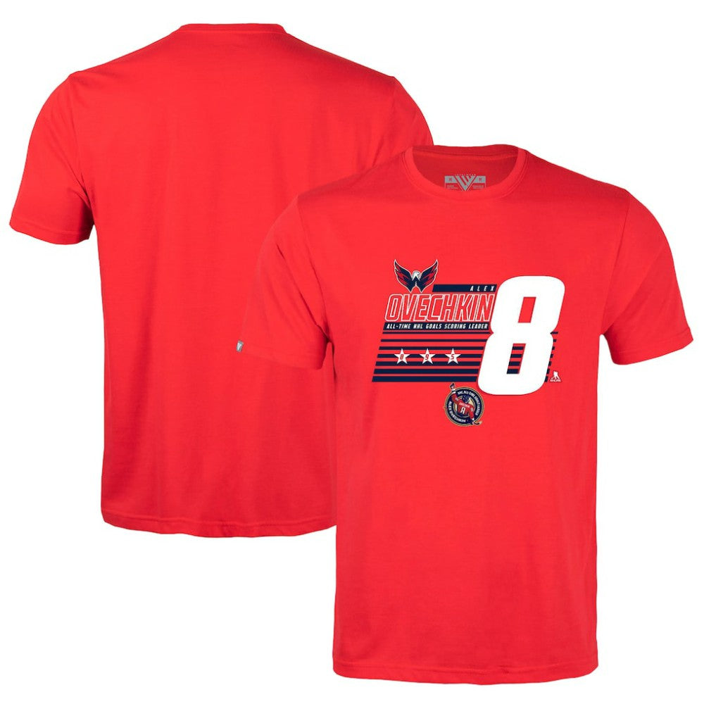 Alexander Ovechkin Washington Capitals Levelwear NHL All-Time Leading Goal Scorer Milestone Stripes Name & Number Richmond T-Shirt - Red | NHL Clearance