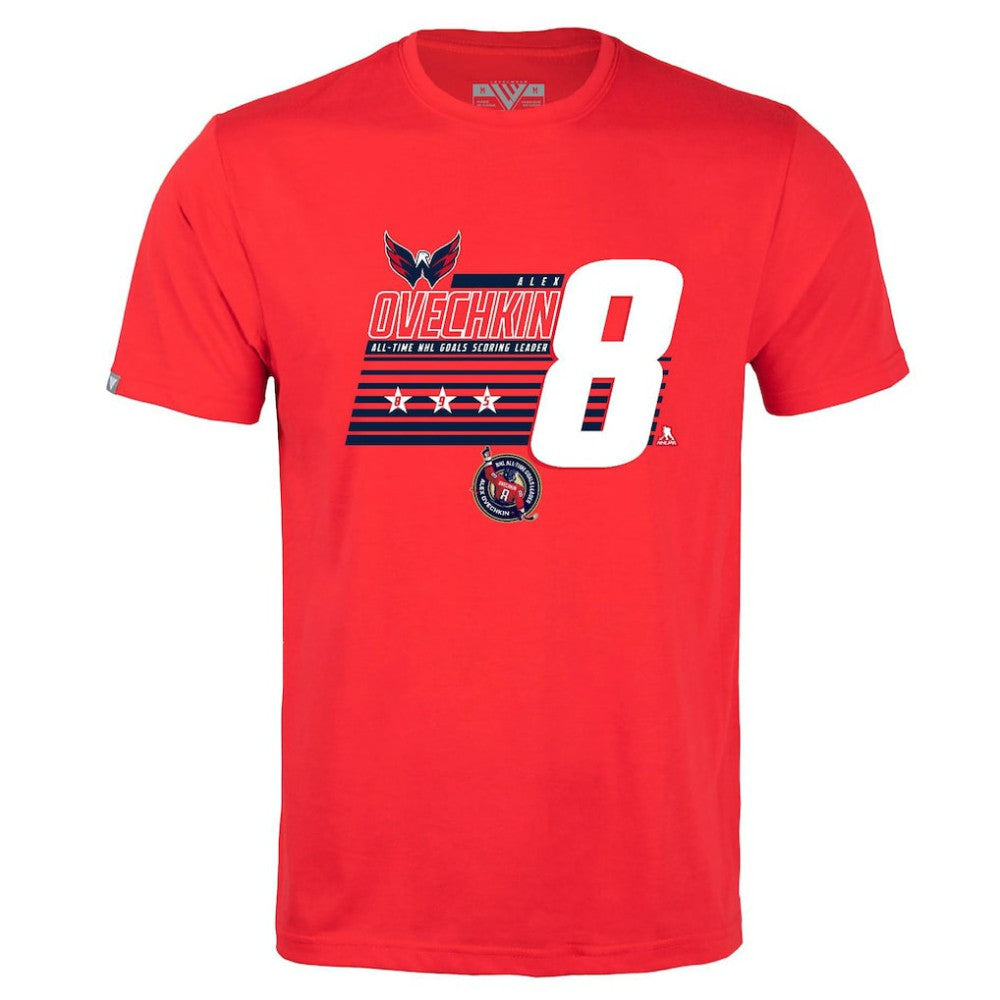 Alexander Ovechkin Washington Capitals Levelwear NHL All-Time Leading Goal Scorer Milestone Stripes Name & Number Richmond T-Shirt - Red | NHL Clearance