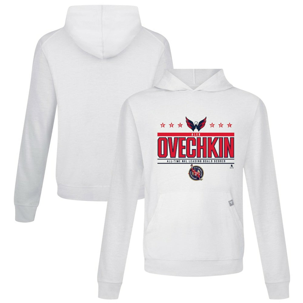 Alexander Ovechkin Washington Capitals Levelwear NHL All-Time Leading Goal Scorer Milestone Stars Name & Number Relay Pullover Hoodie - White | NHL Lifestyle