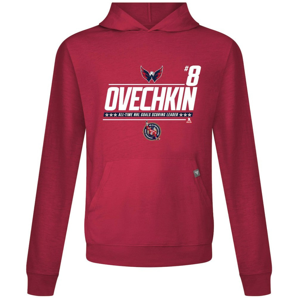 Alexander Ovechkin Washington Capitals Levelwear NHL All-Time Leading Goal Scorer Milestone Name & Number Relay Pullover Hoodie - Red | NHL near me