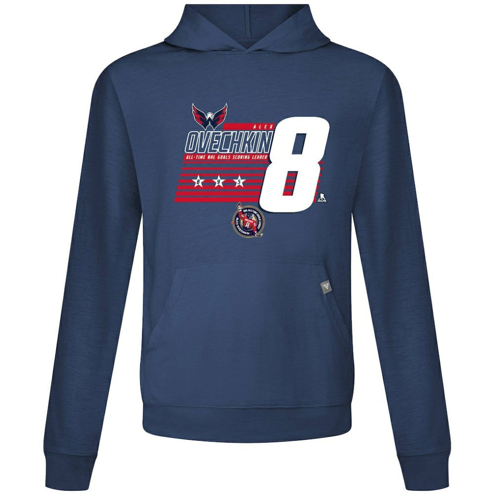 Alexander Ovechkin Washington Capitals Levelwear NHL All-Time Leading Goal Scorer Milestone Stripes Name & Number Relay Pullover Hoodie - Navy | NHL Clearance