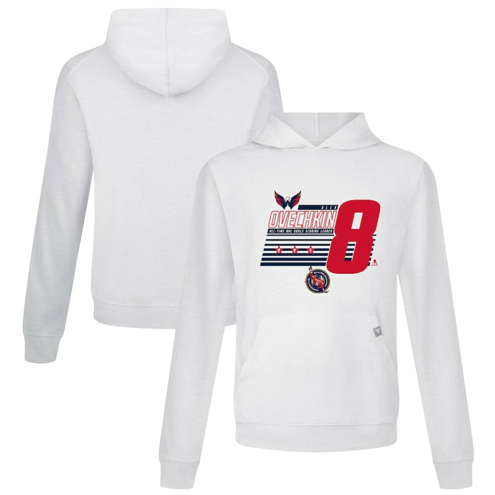 Alexander Ovechkin Washington Capitals Levelwear NHL All-Time Leading Goal Scorer Milestone Stripes Name & Number Relay Pullover Hoodie - White | NHL on sale