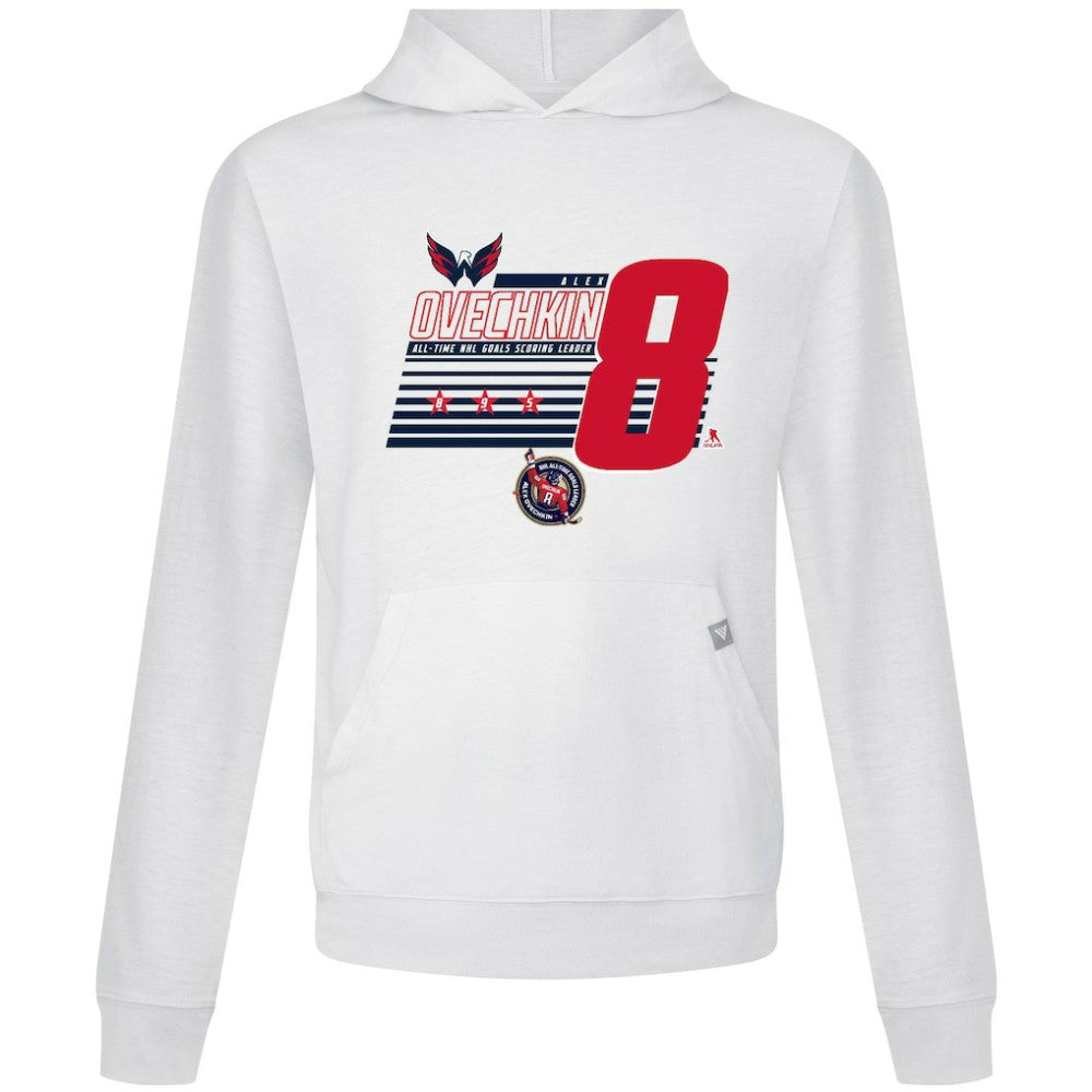 Alexander Ovechkin Washington Capitals Levelwear NHL All-Time Leading Goal Scorer Milestone Stripes Name & Number Relay Pullover Hoodie - White | NHL on sale