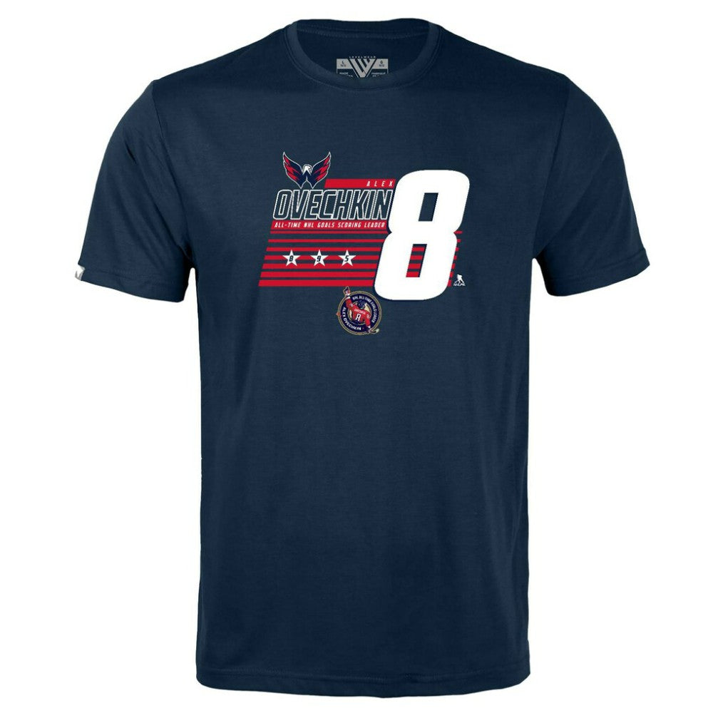 Alexander Ovechkin Washington Capitals Levelwear Youth NHL All-Time Leading Goal Scorer Milestone Stripes Name & Number Little Richmond T-Shirt - Navy | NHL on sale