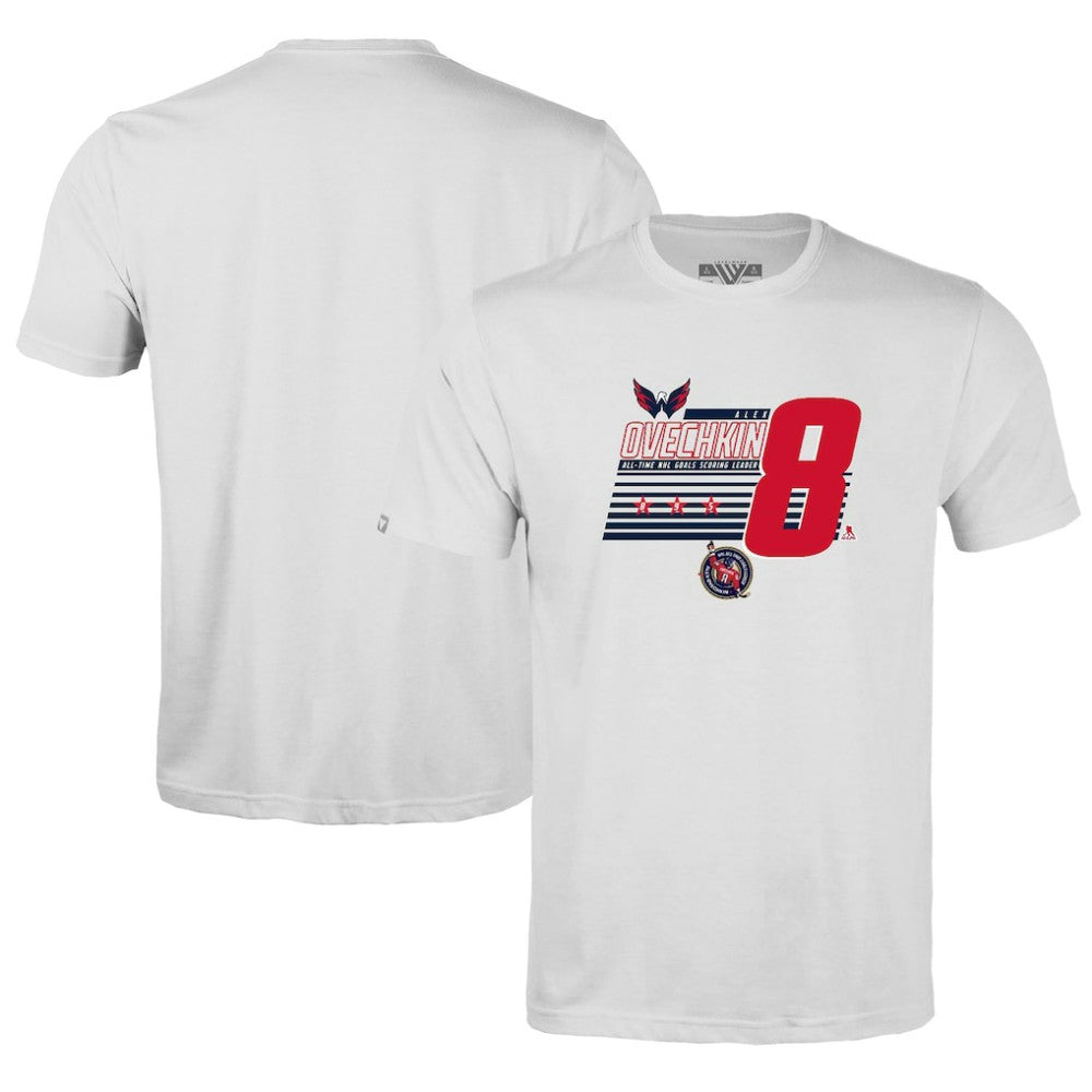 Alexander Ovechkin Washington Capitals Levelwear Youth NHL All-Time Leading Goal Scorer Milestone Stripes Name & Number Little Richmond T-Shirt - White | NHL Lifestyle