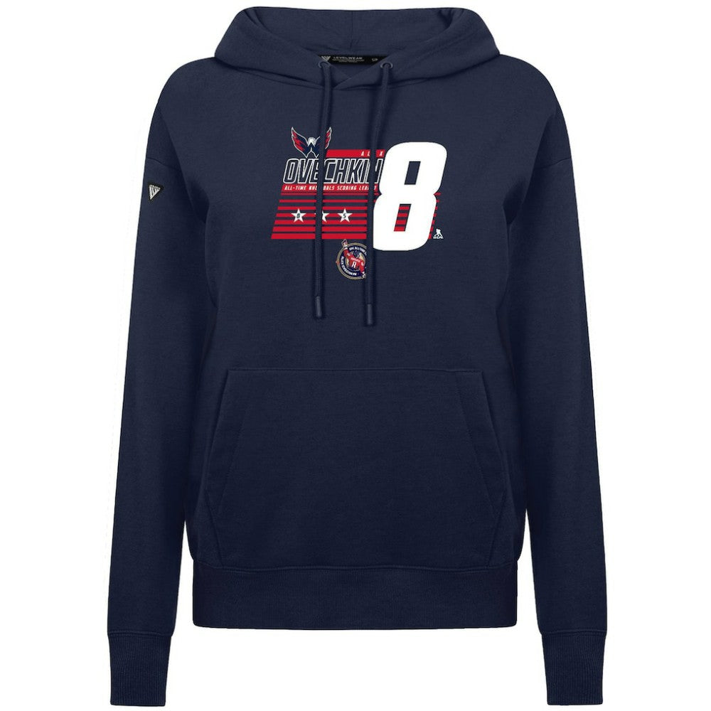 Alexander Ovechkin Washington Capitals Levelwear Women's NHL All-Time Leading Goal Scorer Milestone Stripes Name & Number Adorn Pullover Hoodie - Navy | NHL near me