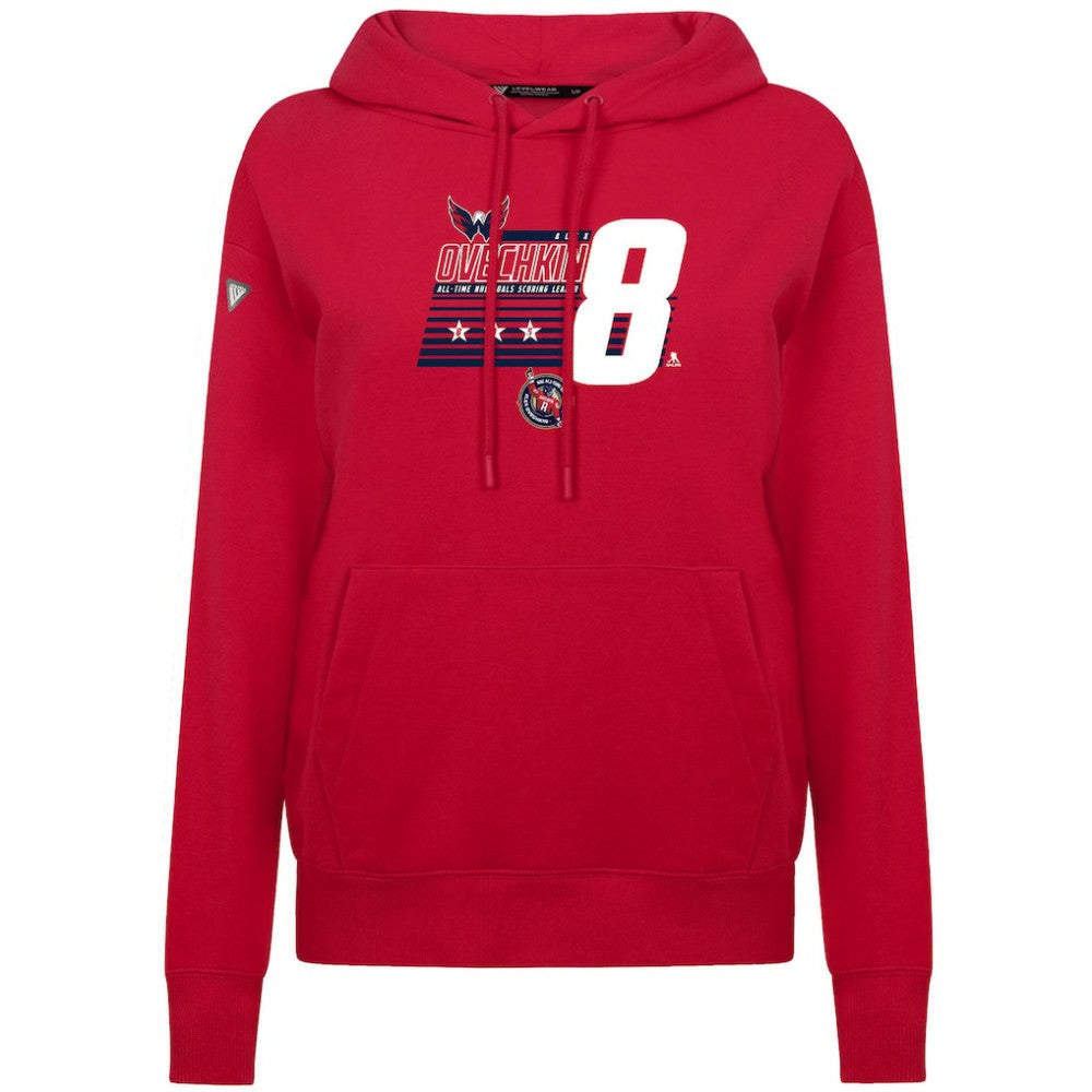 Alexander Ovechkin Washington Capitals Levelwear Women's NHL All-Time Leading Goal Scorer Milestone Stripes Name & Number Adorn Pullover Hoodie - Red | NHL Clearance