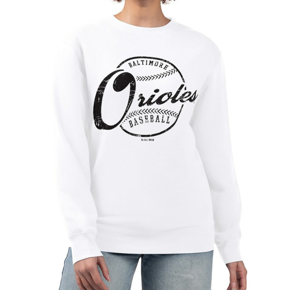 Baltimore Orioles G-III 4Her by Carl Banks Women's Distressed Baseball Team Fleece Pullover Sweatshirt Sale