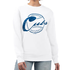 Chicago Cubs G-III 4Her by Carl Banks Women's Distressed Baseball Team Fleece Pullover Sweatshirt Outlet