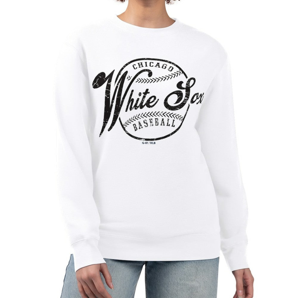 Chicago White Sox G-III 4Her by Carl Banks Women's Distressed Baseball Team Fleece Pullover Sweatshirt Sale