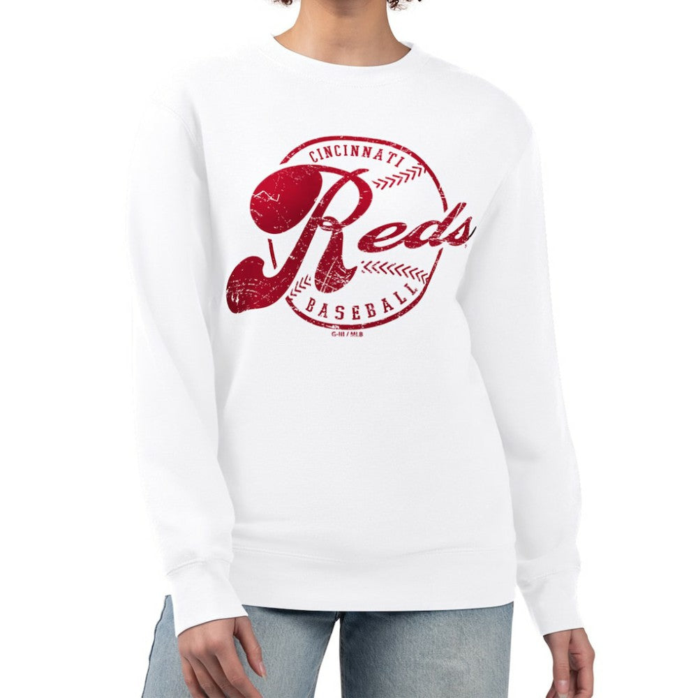 Cincinnati Reds G-III 4Her by Carl Banks Women's Distressed Baseball Team Fleece Pullover Sweatshirt Outlet