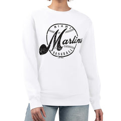 Miami Marlins G-III 4Her by Carl Banks Women's Distressed Baseball Team Fleece Pullover Sweatshirt Discount