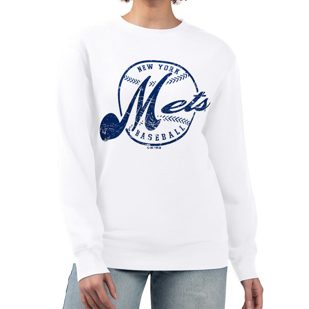 New York Mets G-III 4Her by Carl Banks Women's Distressed Baseball Team Fleece Pullover Sweatshirt Outlet