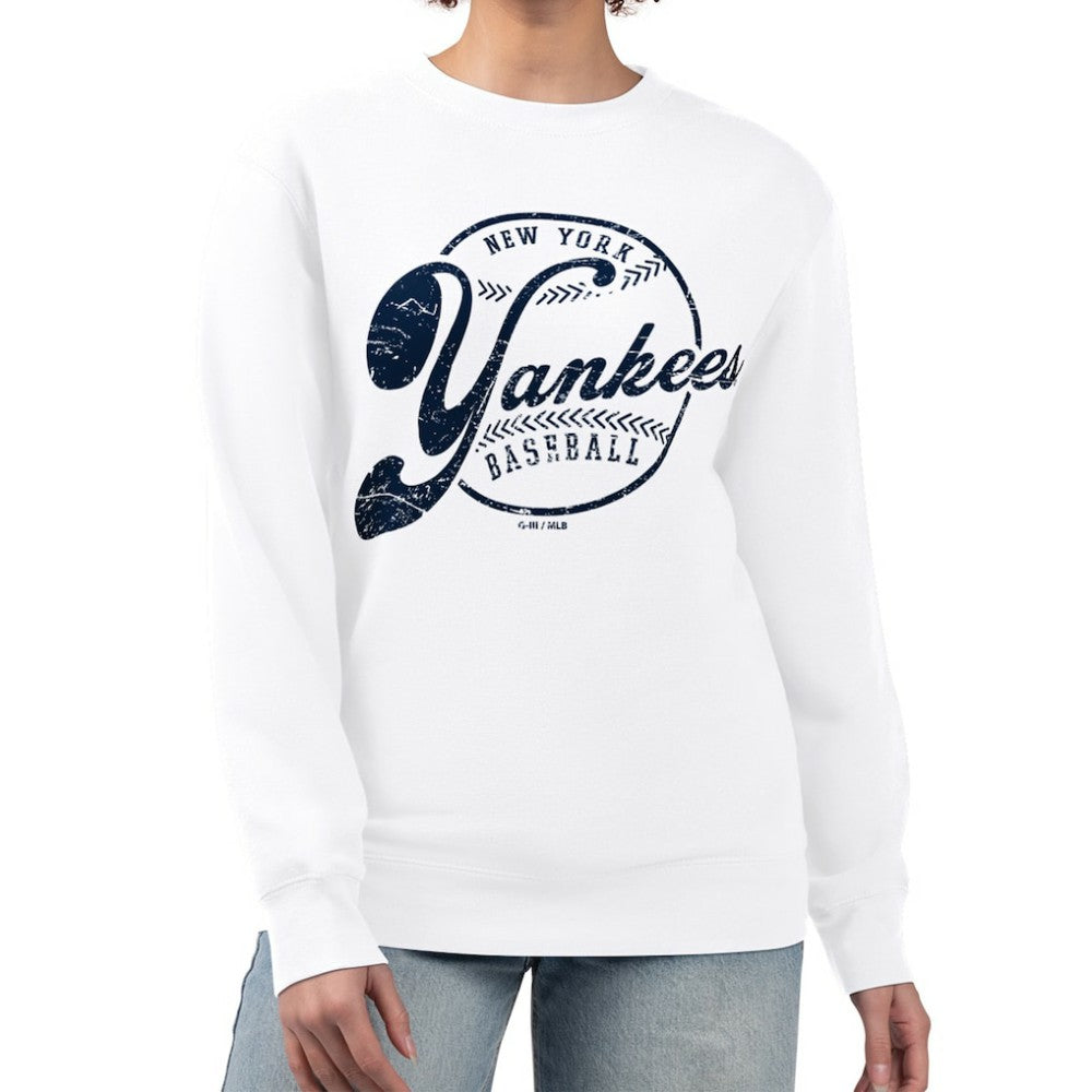 New York Yankees G-III 4Her by Carl Banks Women's Distressed Baseball Team Fleece Pullover Sweatshirt Near Me