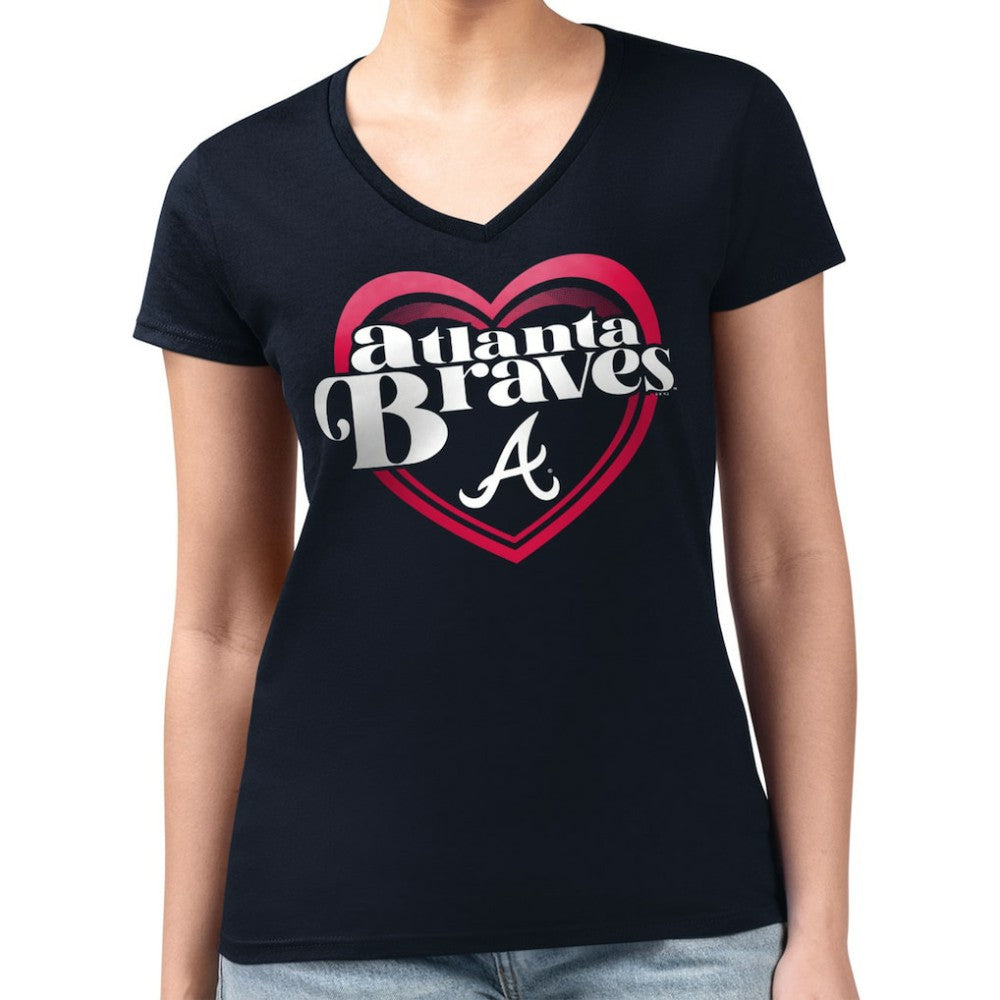 Atlanta Braves G-III 4Her by Carl Banks Women's Super-Slim Fit Lightweight Double Heart V-Neck T-Shirt Sale