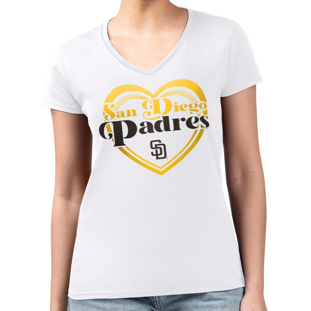 San Diego Padres G-III 4Her by Carl Banks Women's Super-Slim Fit Lightweight Double Heart V-Neck T-Shirt Sale