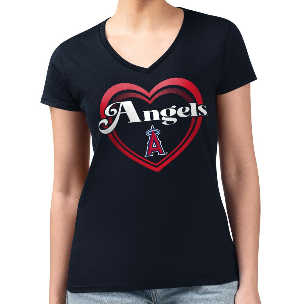 Los Angeles Angels G-III 4Her by Carl Banks Women's Super-Slim Fit Lightweight Double Heart V-Neck T-Shirt Outlet
