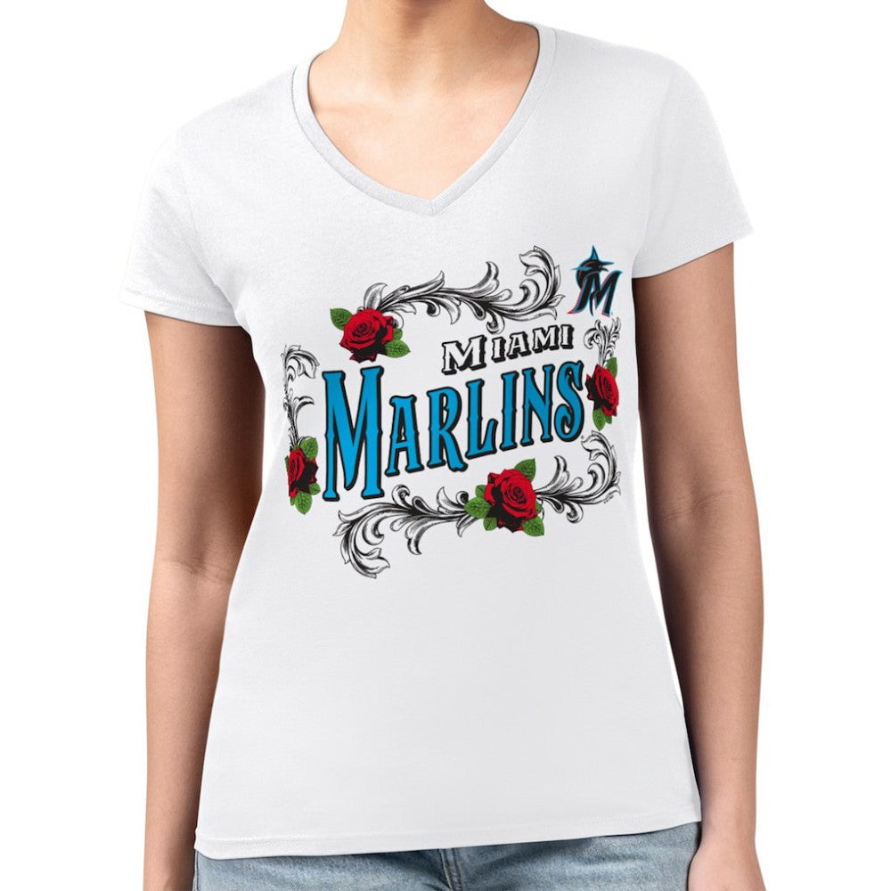 Miami Marlins G-III 4Her by Carl Banks Women's Super-Slim Fit Lightweight Retro Roses V-Neck T-Shirt Sale