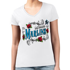 Miami Marlins G-III 4Her by Carl Banks Women's Super-Slim Fit Lightweight Retro Roses V-Neck T-Shirt Sale