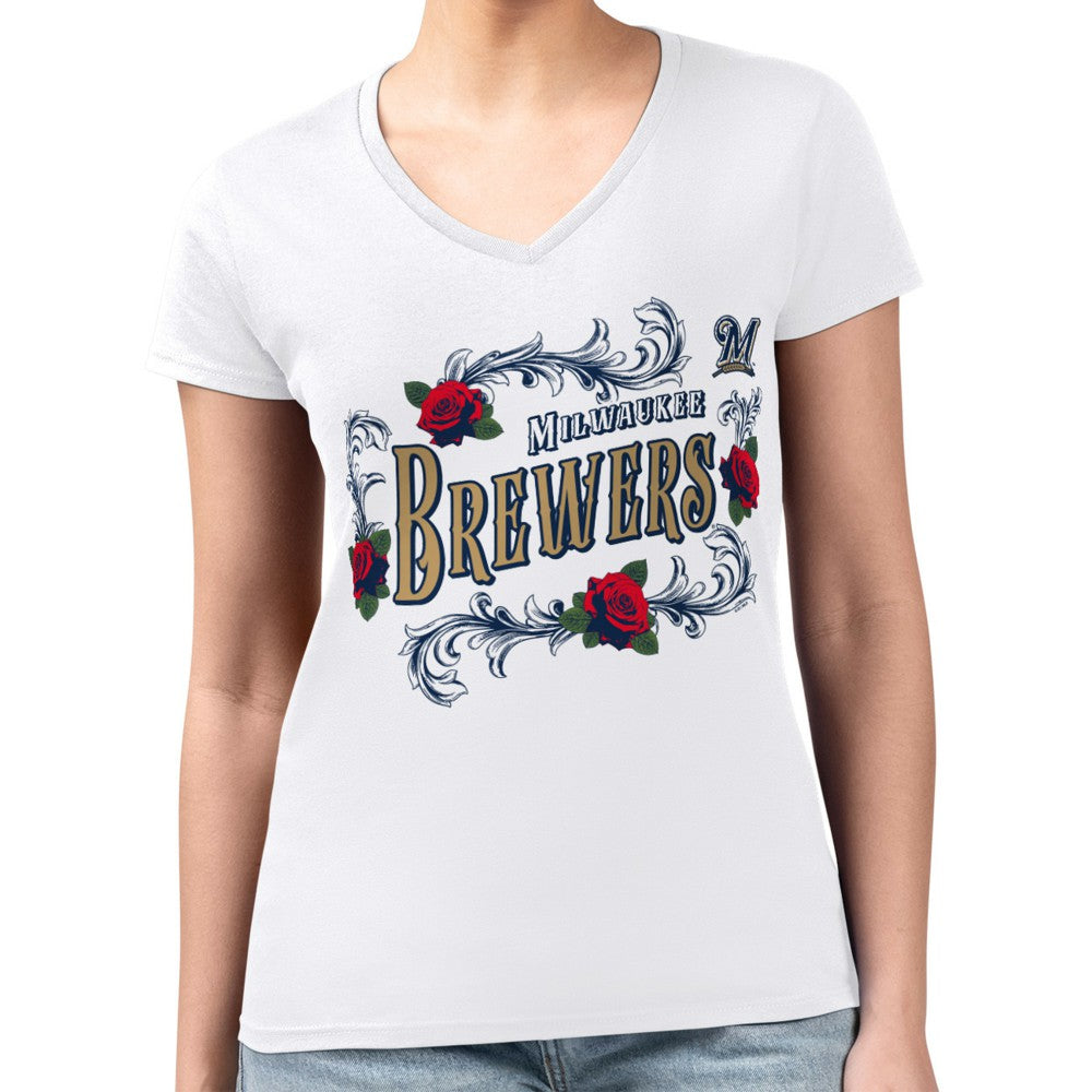 Milwaukee Brewers G-III 4Her by Carl Banks Women's Super-Slim Fit Lightweight Retro Roses V-Neck T-Shirt for sale