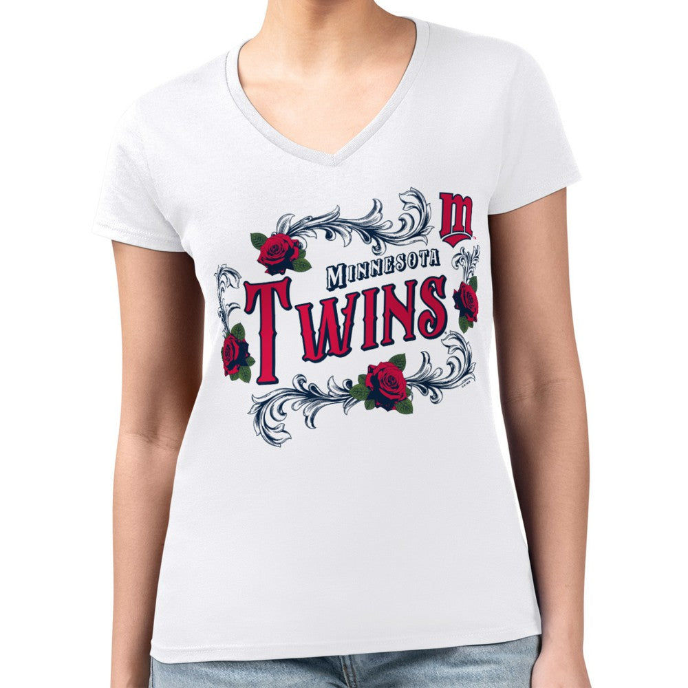 Minnesota Twins G-III 4Her by Carl Banks Women's Super-Slim Fit Lightweight Retro Roses V-Neck T-Shirt Discount
