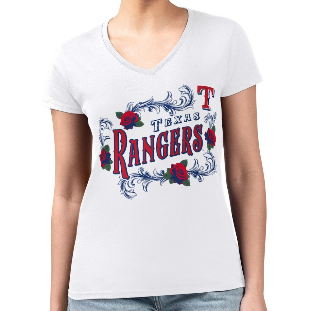 Texas Rangers G-III 4Her by Carl Banks Women's Super-Slim Fit Lightweight Retro Roses V-Neck T-Shirt Outlet