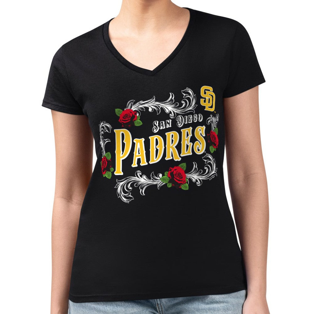 San Diego Padres G-III 4Her by Carl Banks Women's Super-Slim Fit Lightweight Retro Roses V-Neck T-Shirt Discount