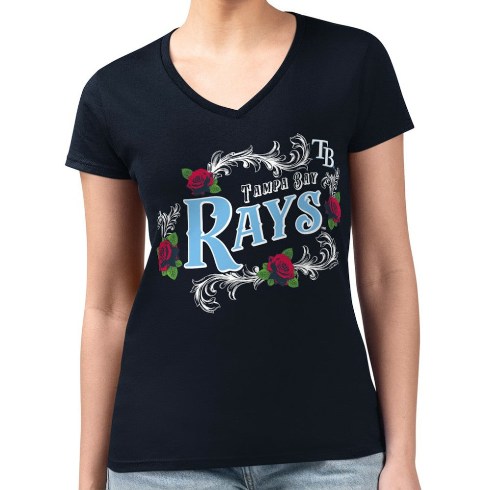 Tampa Bay Rays G-III 4Her by Carl Banks Women's Super-Slim Fit Lightweight Retro Roses V-Neck T-Shirt for sale