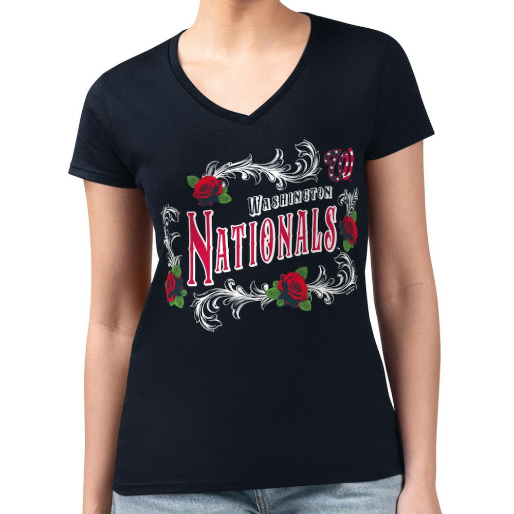Washington Nationals G-III 4Her by Carl Banks Women's Super-Slim Fit Lightweight Retro Roses V-Neck T-Shirt Outlet
