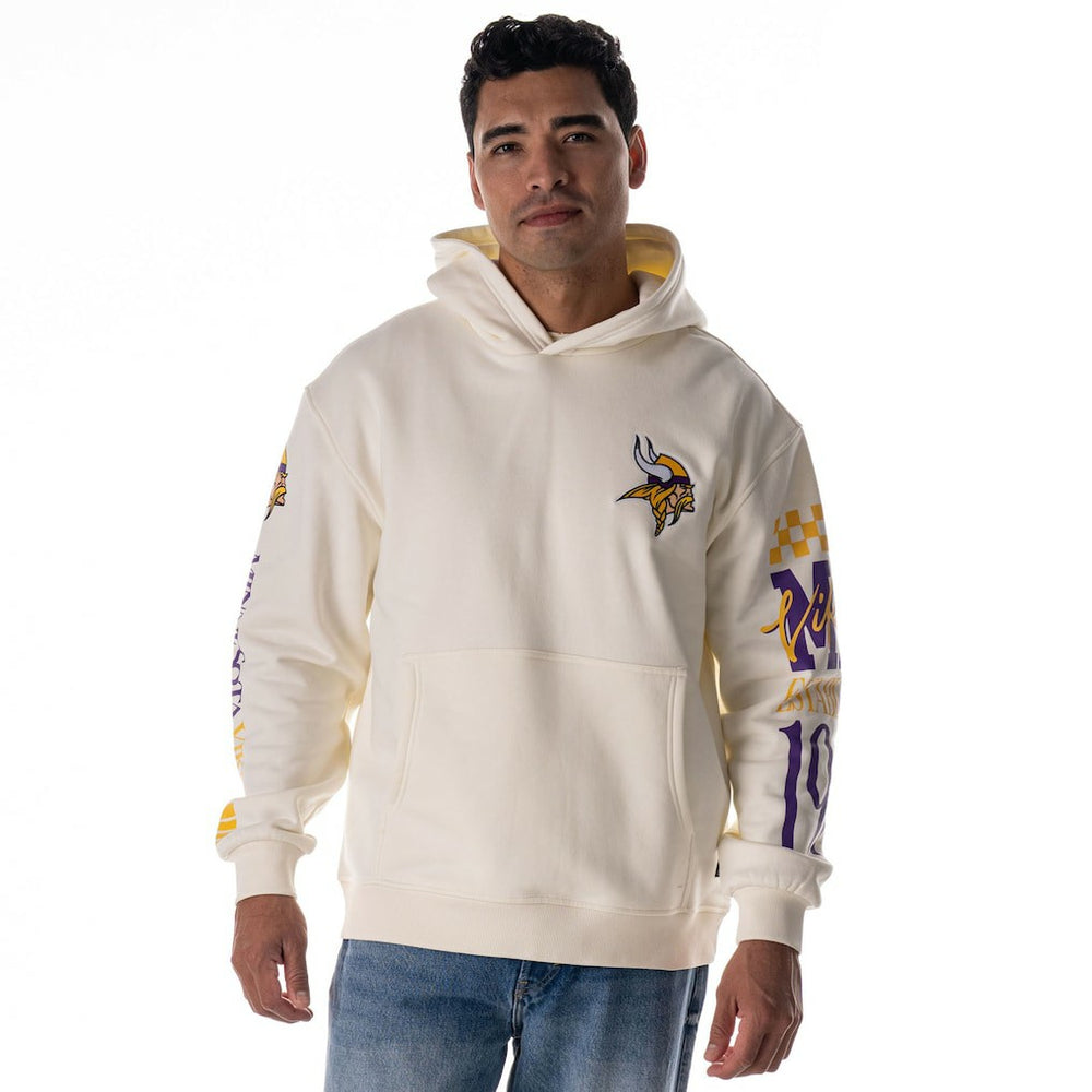 Minnesota Vikings The Wild Collective Unisex Stacked Graphic Sleeve Fleece Hoodie - Cream - NFL