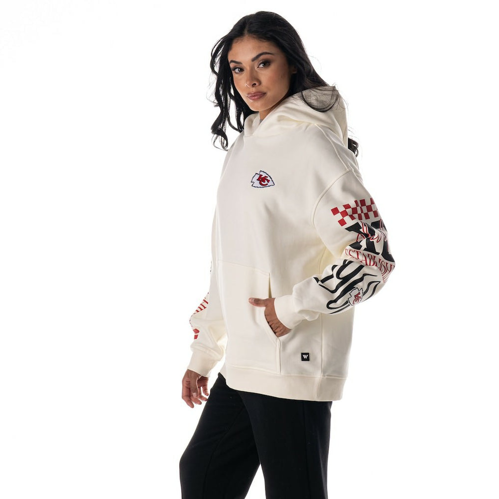 Kansas City Chiefs The Wild Collective Unisex Stacked Graphic Sleeve Fleece Hoodie - Cream - NFL