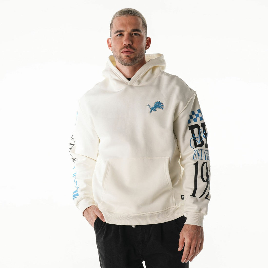 Detroit Lions The Wild Collective Unisex Stacked Graphic Sleeve Fleece Hoodie - Cream - NFL