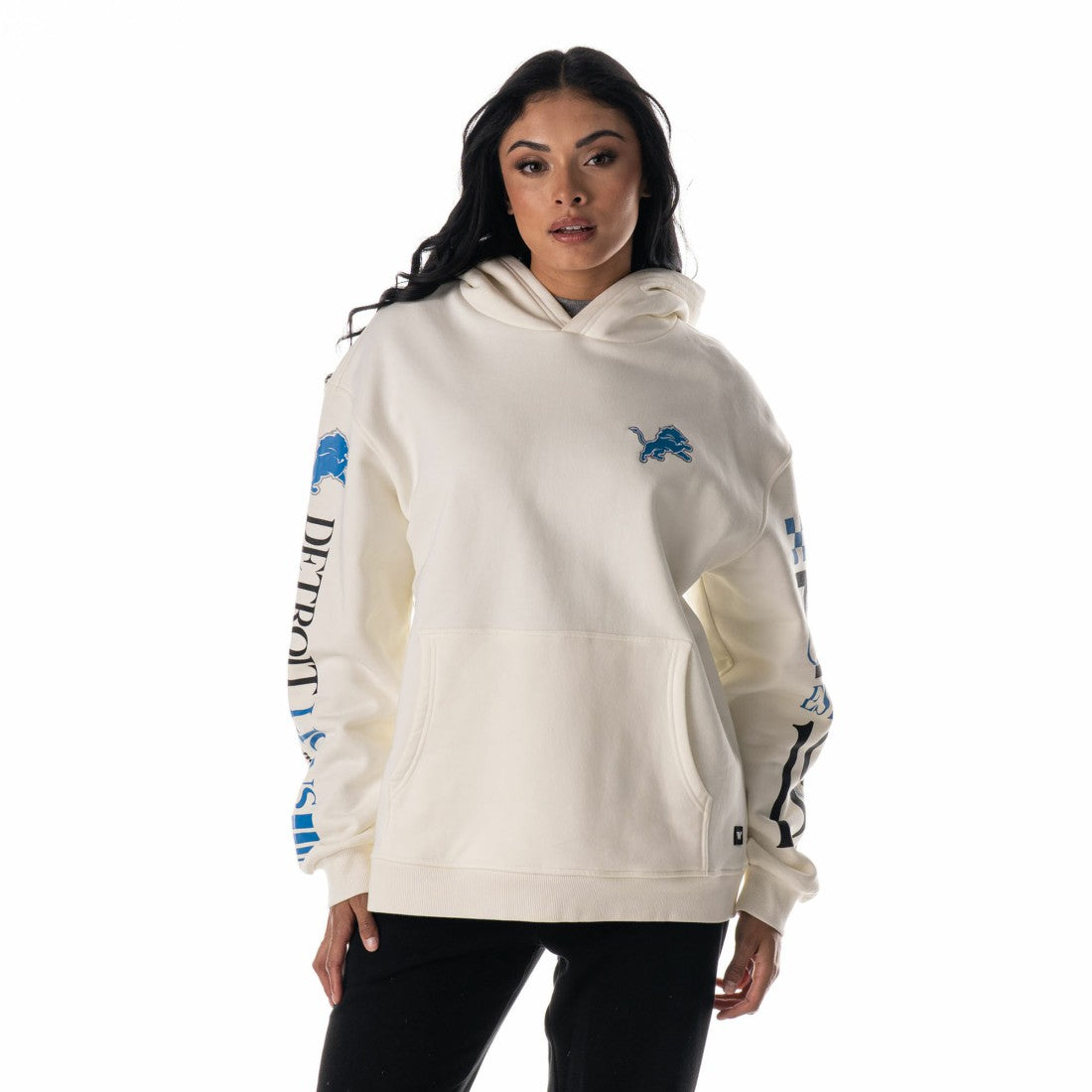 Detroit Lions The Wild Collective Unisex Stacked Graphic Sleeve Fleece Hoodie - Cream - NFL
