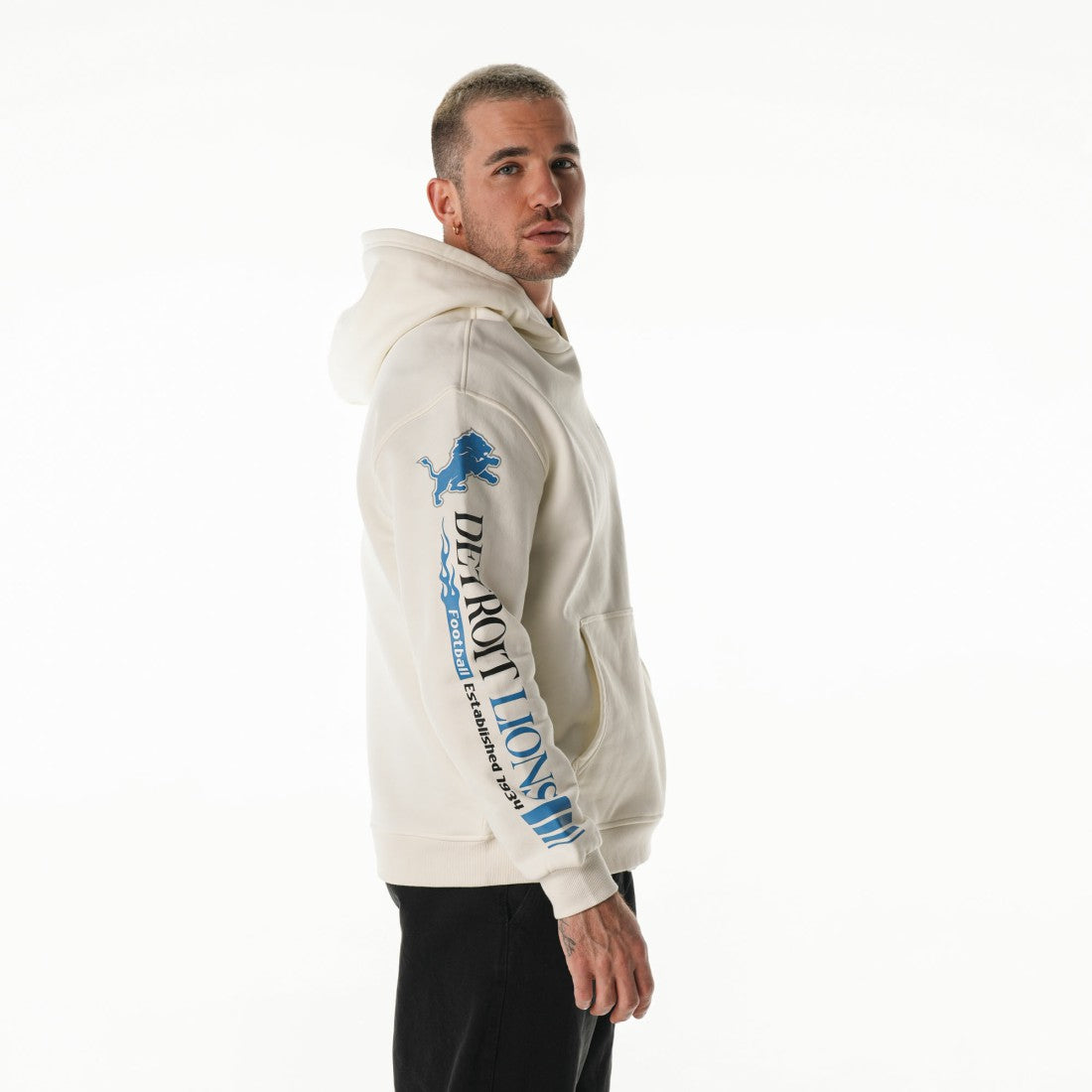 Detroit Lions The Wild Collective Unisex Stacked Graphic Sleeve Fleece Hoodie - Cream - NFL